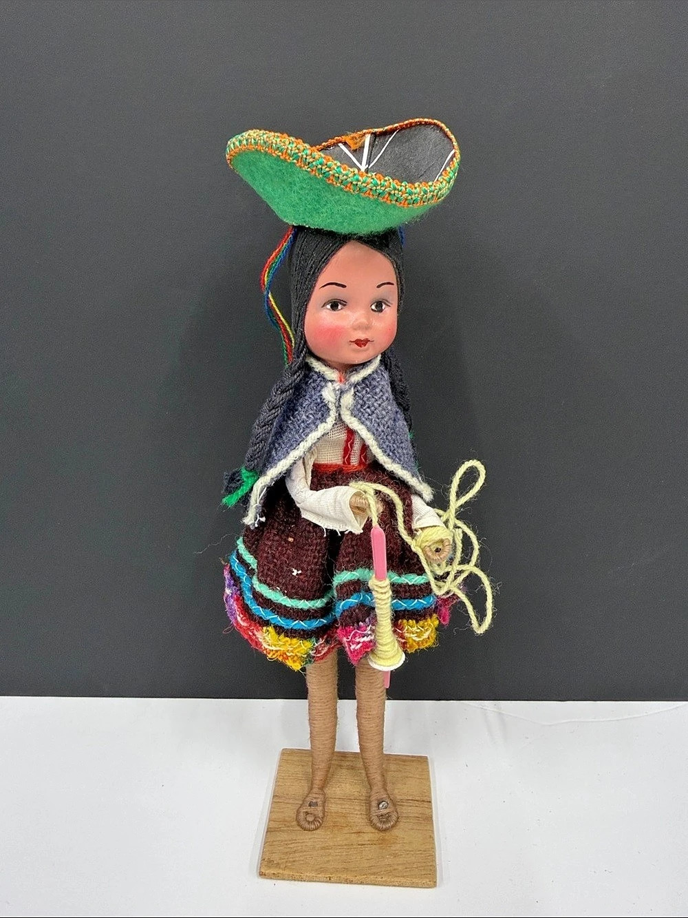 Vintage Peruvian Andean Folk Costume Doll 9” Handmade Spinning Yarn